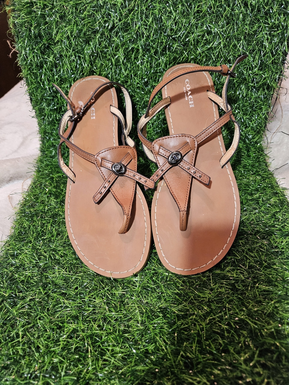 Coach Brown Leather T-Strap Sandals with Logo Accent womens size 8b